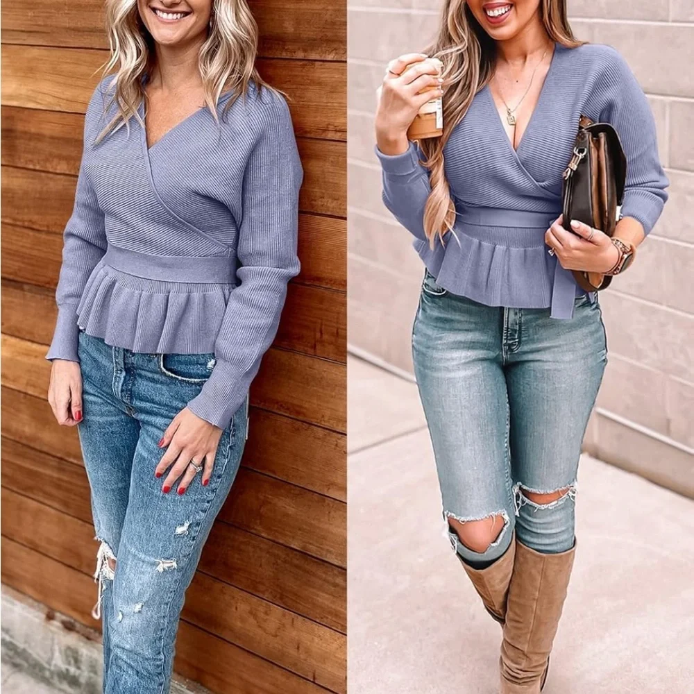 Zesica Wrap V Neck Batwing Sleeve Belted Waist Ruffle Peplum Knitted Sweater L - Picture 6 of 6